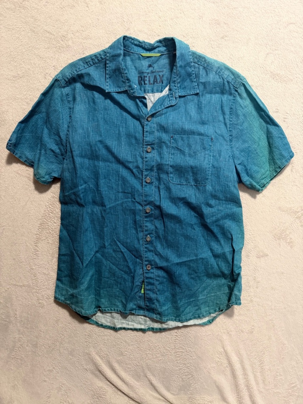 Tommy Bahama Teal-Blue Short Sleeve Linen Button-Down